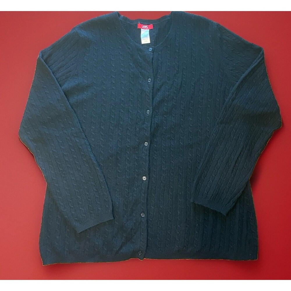 Anne Klein Sport Black Cable Knit Cardigan Sweater XXL Merino Wool Cashmere